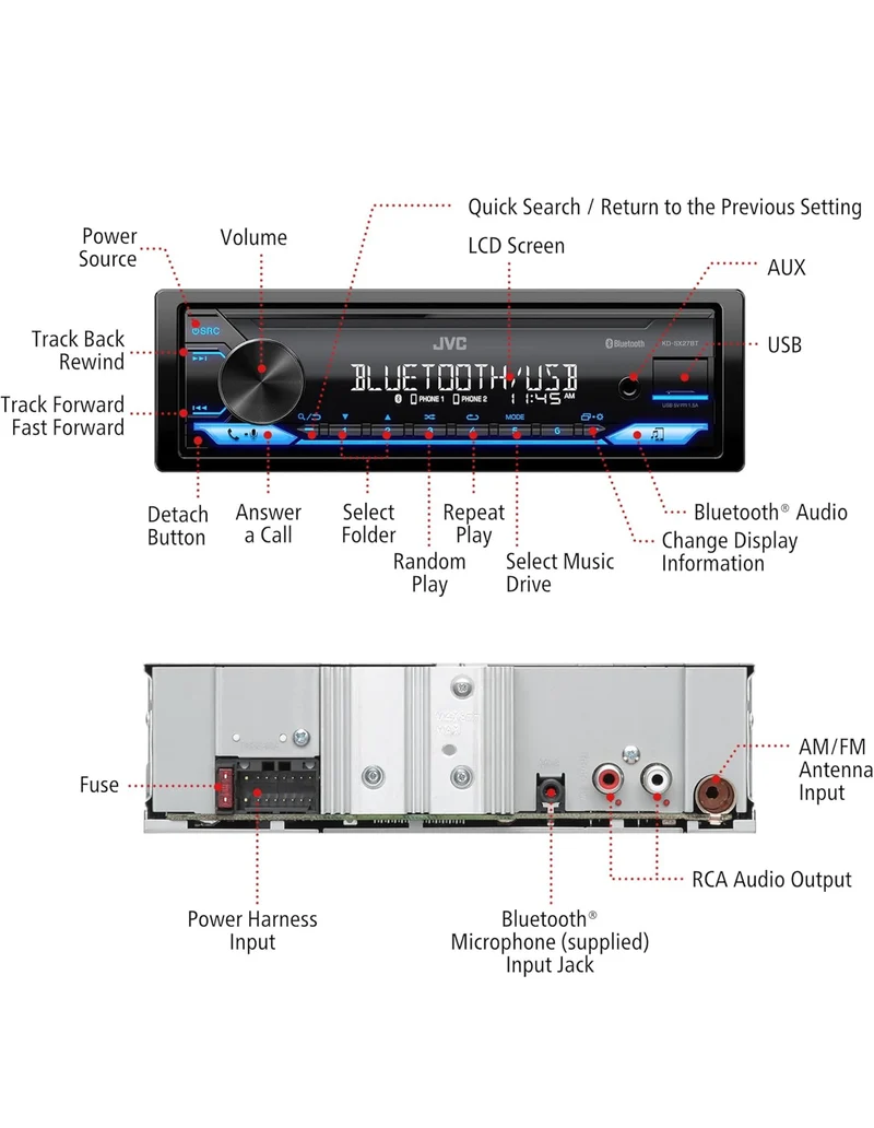 JVC KD-SX27BT Car Stereo with Bluetooth, 100W Digital Media Receiver, 1.5A USB to Charge Devices, Single DIN Head Unit, AM/FM, Aux-in, JVC Remote App