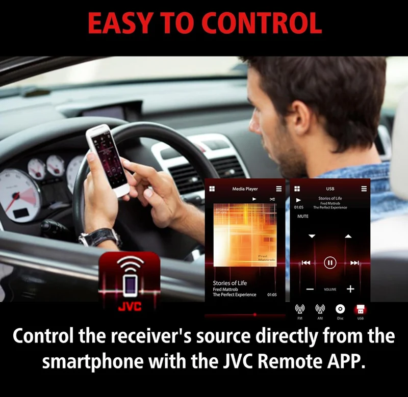 JVC KD-SX27BT Car Stereo with Bluetooth, 100W Digital Media Receiver, 1.5A USB to Charge Devices, Single DIN Head Unit, AM/FM, Aux-in, JVC Remote App