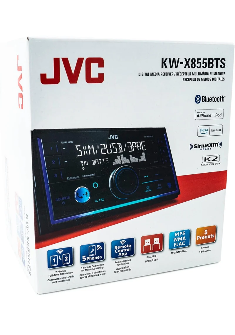 JVC KW-X855BTS Bluetooth Car Stereo Digital Media Receiver with USB Port, AM/FM Radio, MP3 Player, Amazon Alexa, Android, iPhone, Double DIN, 13-Band EQ