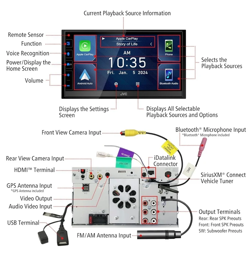 JVC Apple CarPlay Android Auto Digital Media Player, Double Din, 6.8" LCD Touchscreen, AM/FM, HD Radio, Bluetooth, MP3 Player, USB Port, iDatalink Maestro, SiriusXM, Car Radio