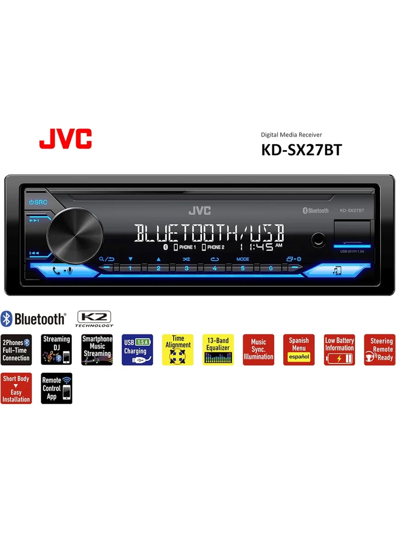 JVC KD-SX27BT Car Stereo with Bluetooth, 100W Digital Media Receiver, 1.5A USB to Charge Devices, Single DIN Head Unit, AM/FM, Aux-in, JVC Remote App
