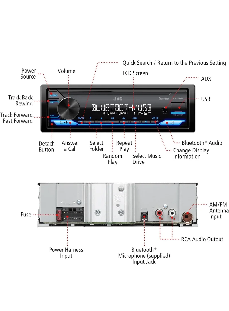 JVC KD-SX27BT Car Stereo with Bluetooth, 100W Digital Media Receiver, 1.5A USB to Charge Devices, Single DIN Head Unit, AM/FM, Aux-in, JVC Remote App