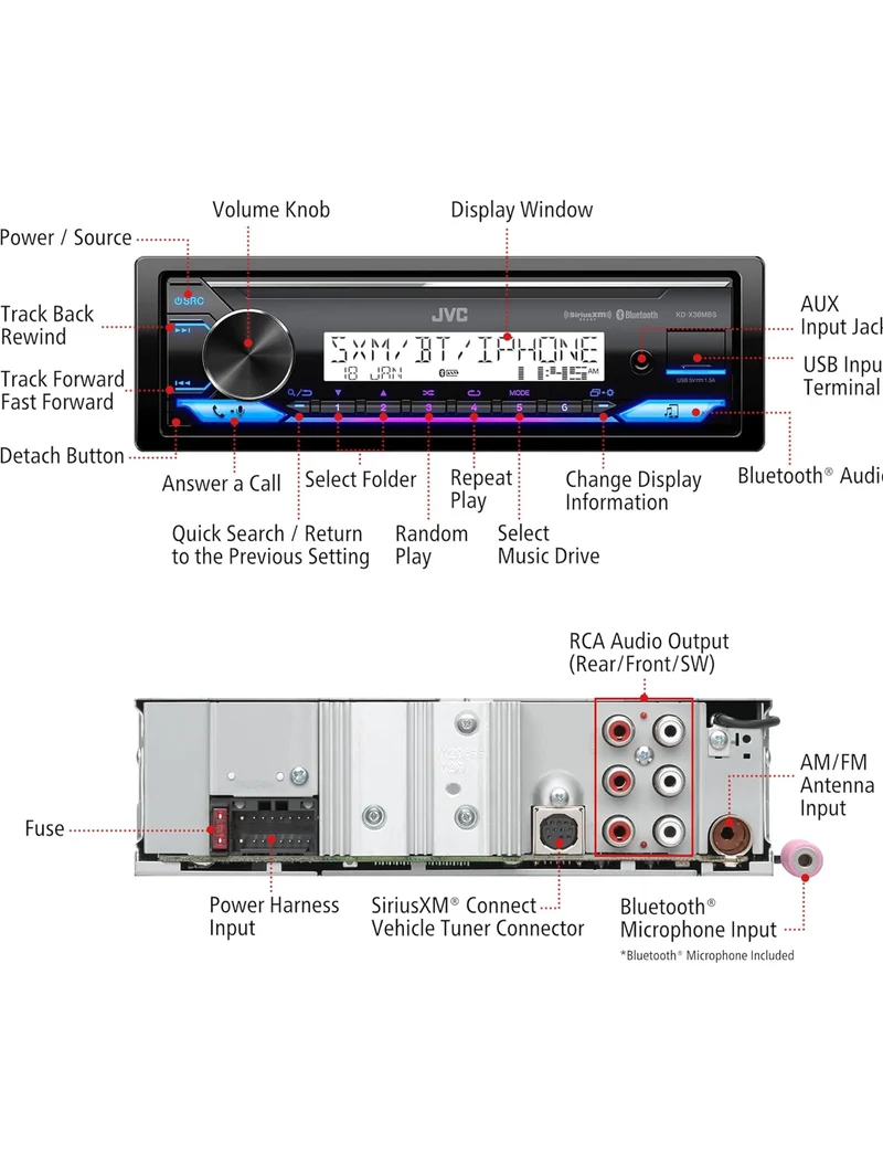 JVC KD-X38MBS Car & Marine Digital Media Receiver with Bluetooth, USB, SiriusXM Ready, Compatible with Amazon Alexa, Conformal Coated PCB