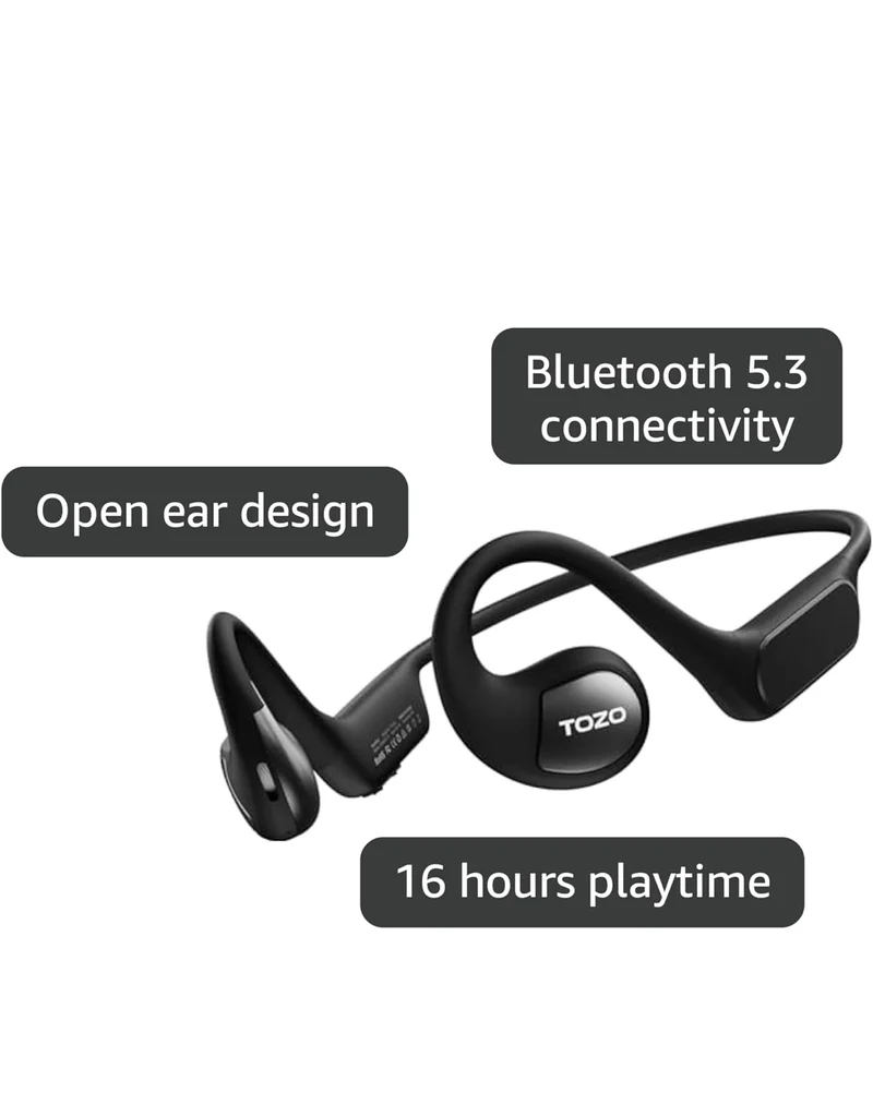 TOZO Upgraded Open Ear Headphones Bluetooth 5.3 Air Conduction Wireless Headphones Sport Earbuds with Premium Sound, 32 EQs via APP, Dual-Mic Call Noise Reduction Earphones with Hair Band for Cycling