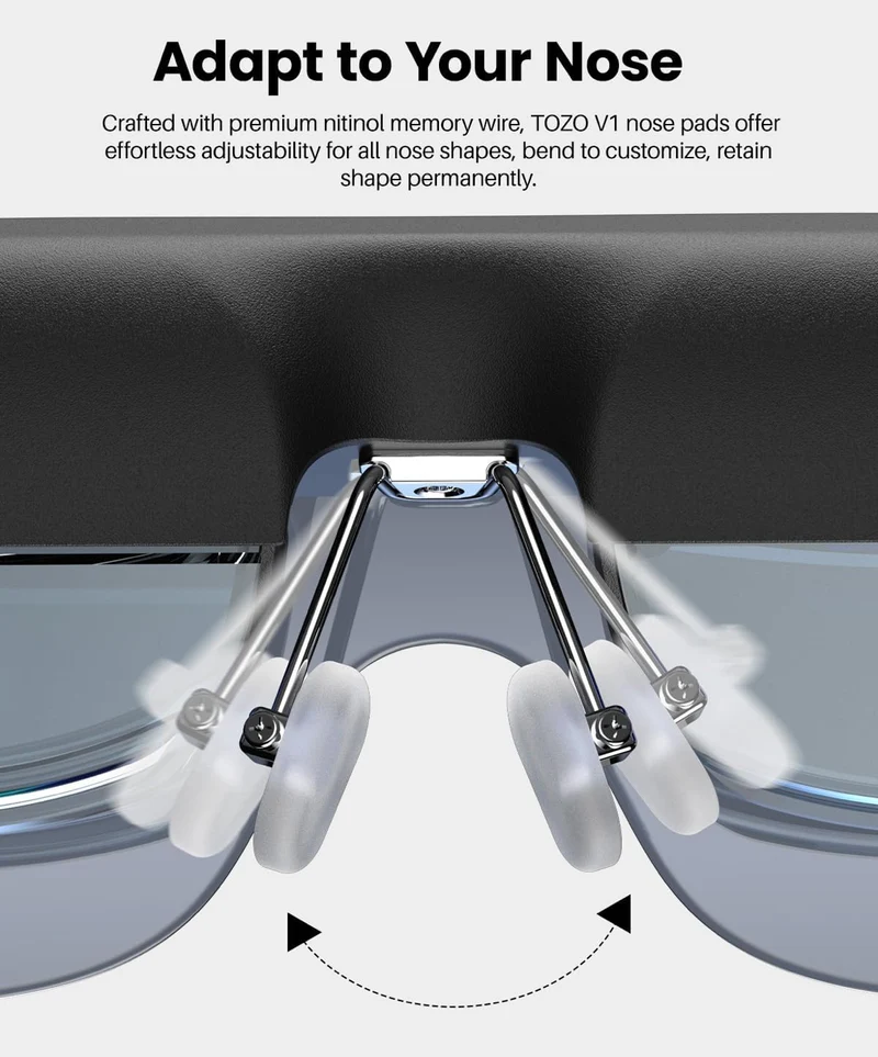 TOZO VIZO V1 AR Glasses with Ultra-Bright Display, Built-in Stereo Speakers, Adjustable Myopia Correction (0–500°), 118" Virtual Mega Screen, 2D/3D Mode Switching Compatible for iPhone/Mac/PC