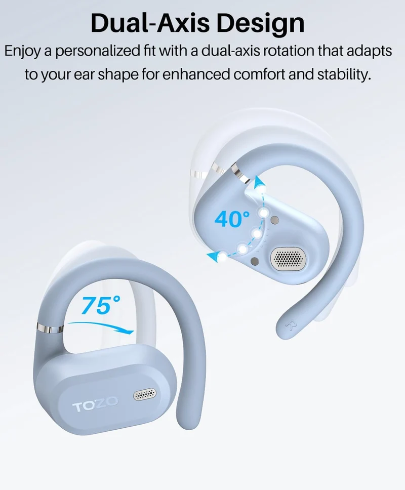 OpenWear Open Ear Headphones, Adjustable Ear Hooks, Ultra Comfort, Bass Bluetooth Headphones 5.4 with Smart Digital Display (Blue)