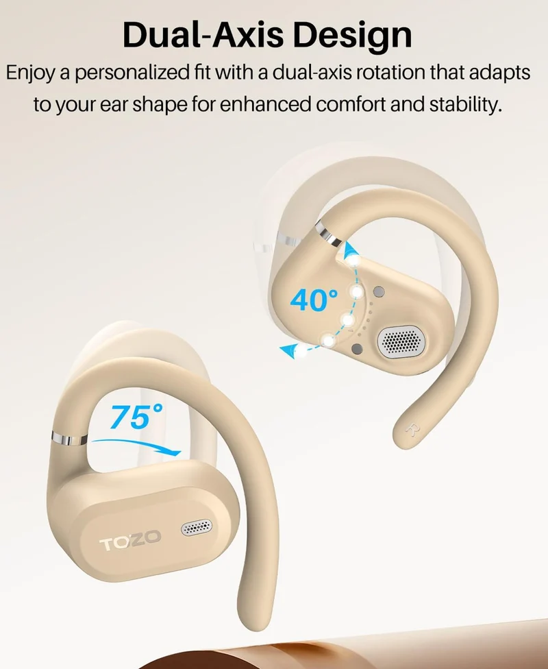 OpenWear Open Ear Headphones, Adjustable Ear Hooks, Ultra Comfort, Bass Bluetooth Headphones 5.4 with Smart Digital Display (Khaki)