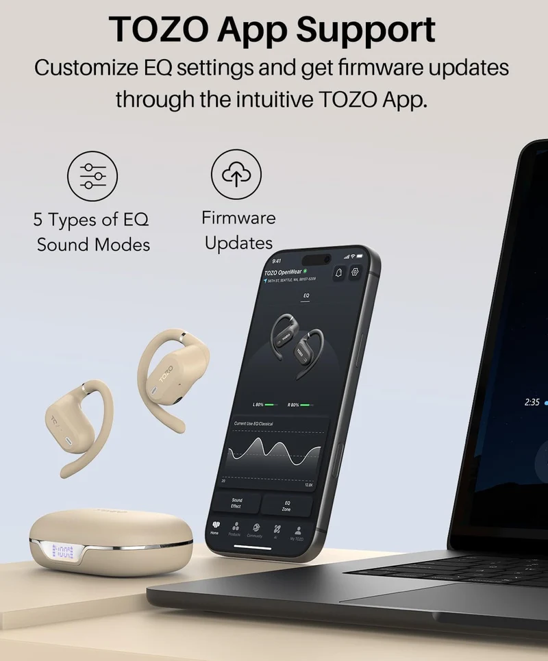 OpenWear Open Ear Headphones, Adjustable Ear Hooks, Ultra Comfort, Bass Bluetooth Headphones 5.4 with Smart Digital Display (Khaki)