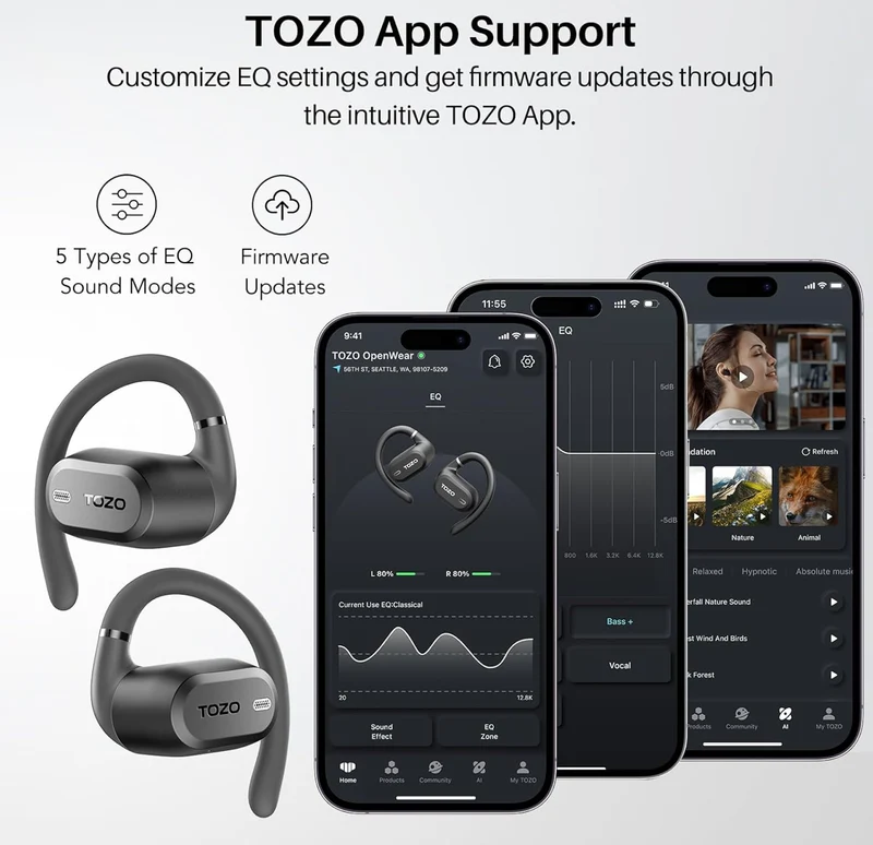 OpenWear Open Ear Headphones, Adjustable Ear Hooks, Ultra Comfort, Bass Bluetooth Headphones 5.4 with Smart Digital Display (Black)