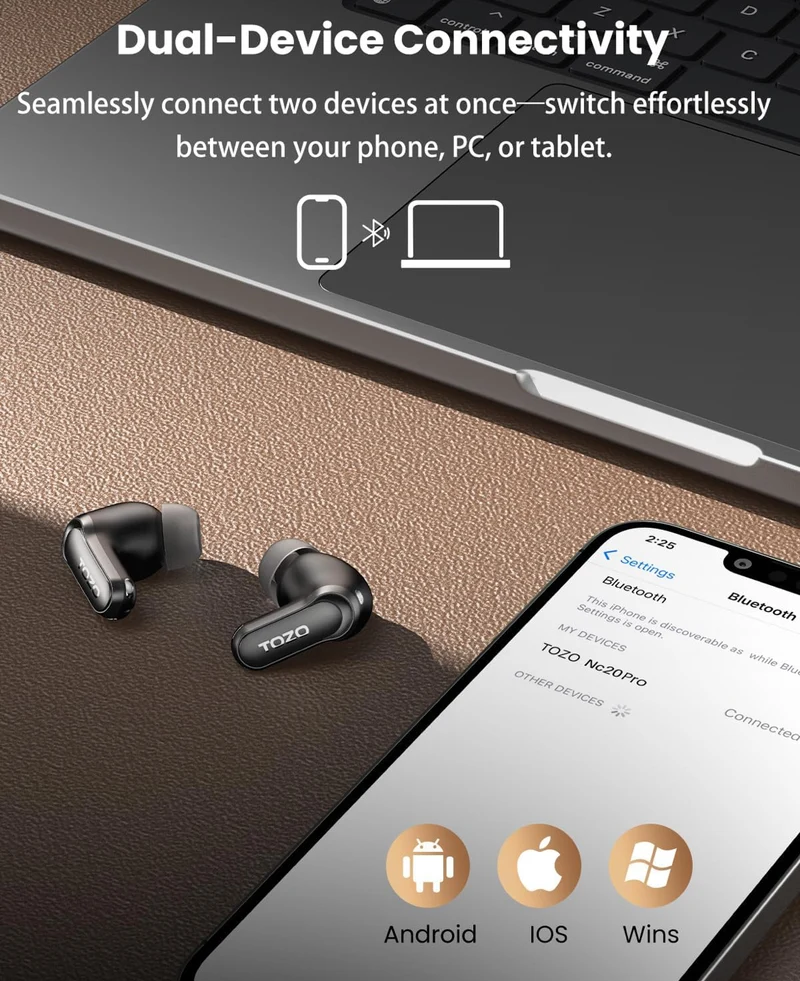 NC20 Pro Active Noise Cancelling Wireless Earbuds with Smart Touch Screen, LDAC Hi-Res Audio, Stereo Bass, 6 Mics AI Call Ear Buds, 80H Playtime, IPX8 Waterproof (Titanium Black)