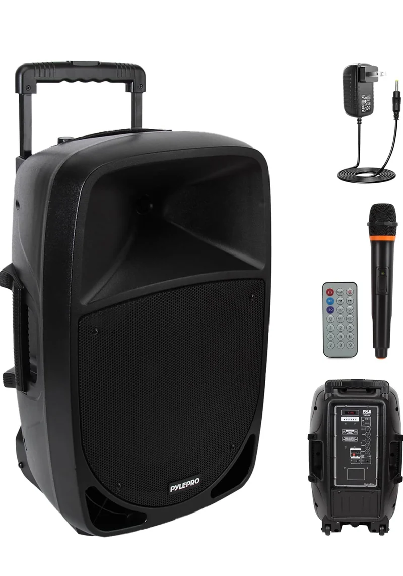 Portable Bluetooth PA Speaker - 12’’ 1200W Subwoofer, LED Battery Indicator Lights W/Built-In Rechargeable Battery, MP3/USB/SD Card Reader, and UHF Wireless Microphone