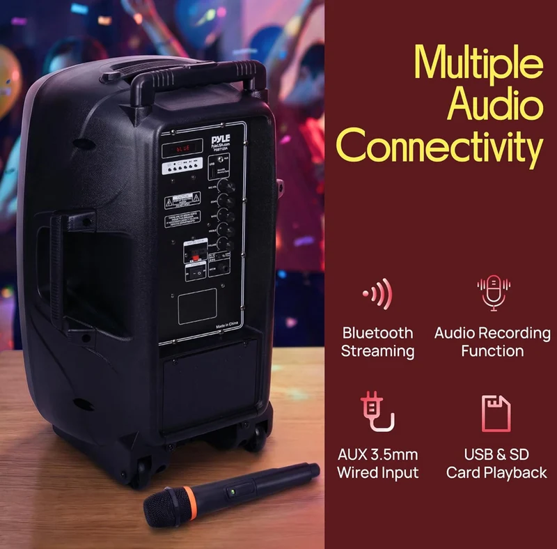 Portable Bluetooth PA Speaker - 12’’ 1200W Subwoofer, LED Battery Indicator Lights W/Built-In Rechargeable Battery, MP3/USB/SD Card Reader, and UHF Wireless Microphone