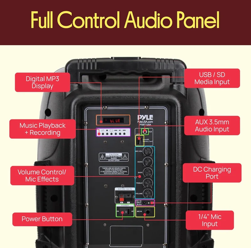 Portable Bluetooth PA Speaker - 12’’ 1200W Subwoofer, LED Battery Indicator Lights W/Built-In Rechargeable Battery, MP3/USB/SD Card Reader, and UHF Wireless Microphone