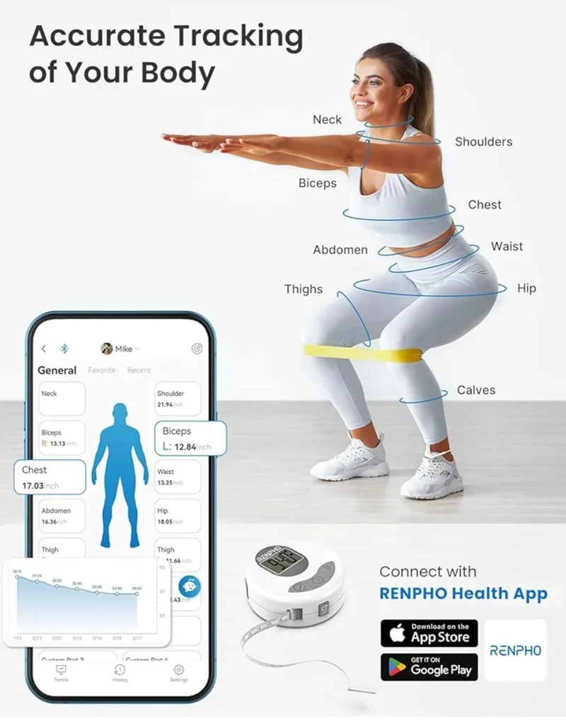 Bundle 8-Electrode Body Composition Scale with BMI and Body Bluetooth Smart Tape Measure with Lock Hook & Retractable Function
