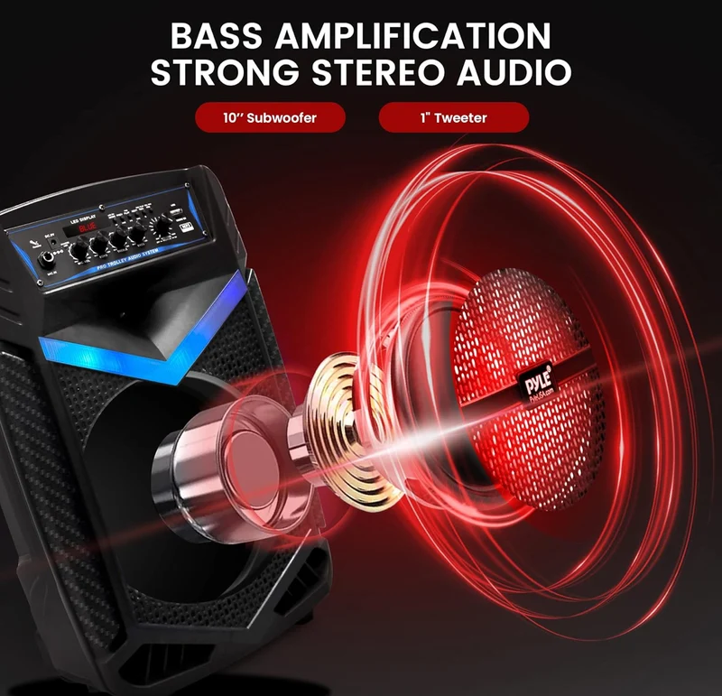 Portable Bluetooth PA Speaker System 600W Rechargeable 10” Subwoofer 1” Tweeter, Recording Function, Mic In Party Lights USB/SD Radio