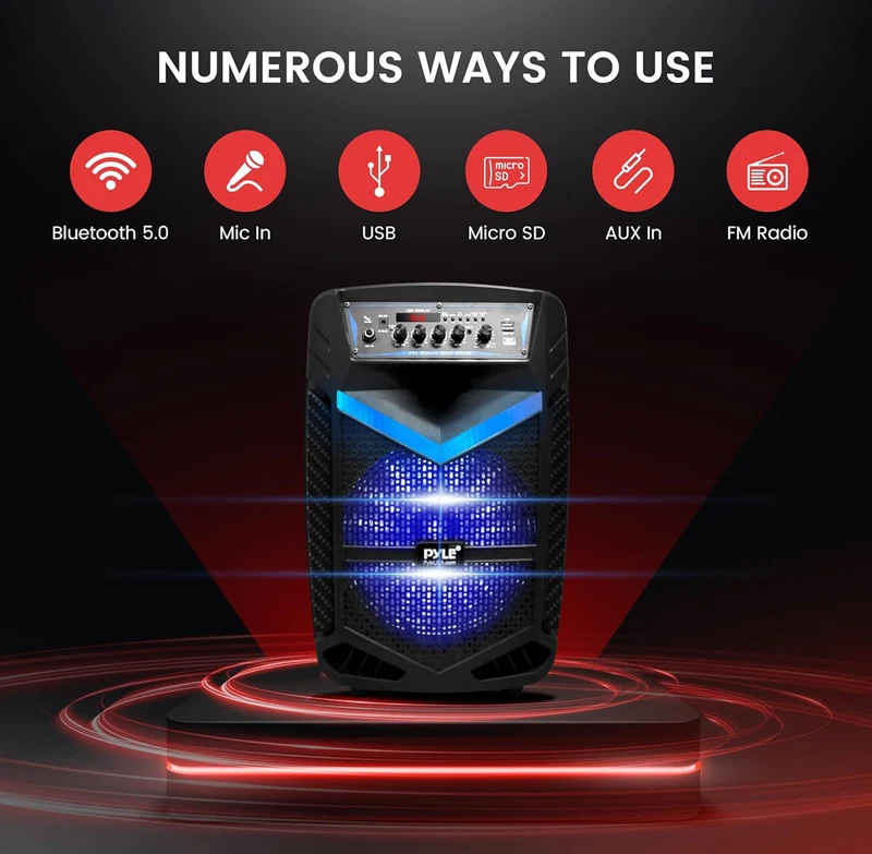 Portable Bluetooth PA Speaker System 600W Rechargeable 10” Subwoofer 1” Tweeter, Recording Function, Mic In Party Lights USB/SD Radio