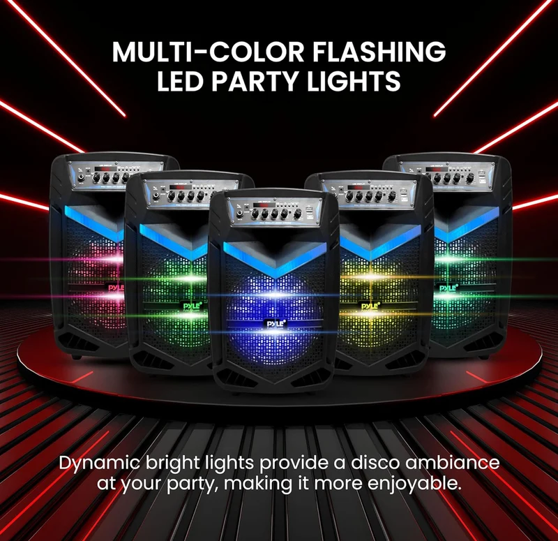 Portable Bluetooth PA Speaker System 600W Rechargeable 10” Subwoofer 1” Tweeter, Recording Function, Mic In Party Lights USB/SD Radio