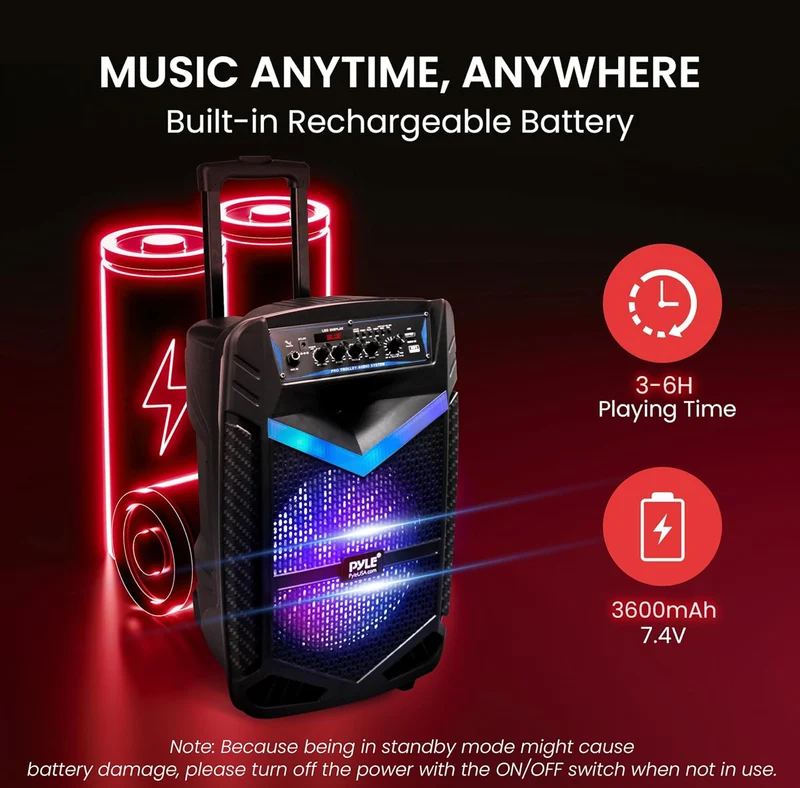 Portable Bluetooth PA Speaker System 600W Rechargeable 10” Subwoofer 1” Tweeter, Recording Function, Mic In Party Lights USB/SD Radio