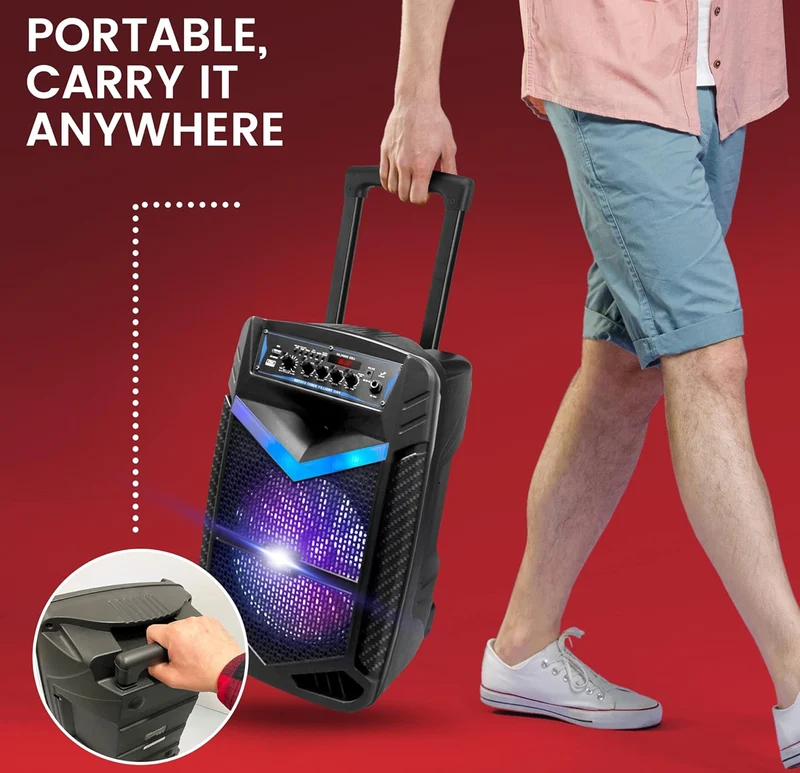 Portable Bluetooth PA Speaker System 600W Rechargeable 10” Subwoofer 1” Tweeter, Recording Function, Mic In Party Lights USB/SD Radio