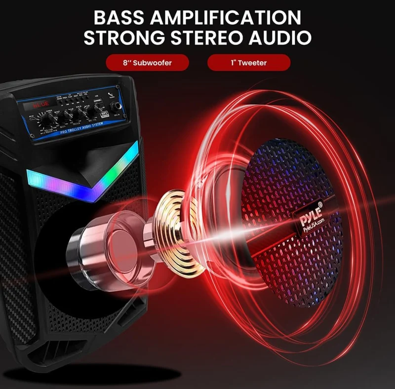 Portable Rechargeable Outdoor Bluetooth Speaker PA System 8” 400W Recording Function, Mic In, Party Lights USB/SD, Radio