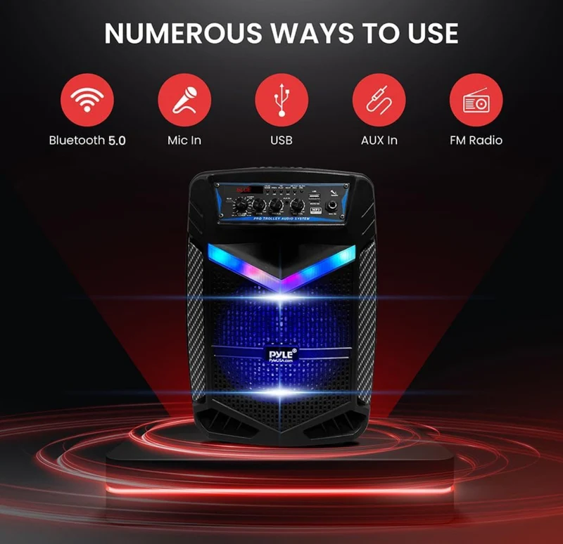 Portable Rechargeable Outdoor Bluetooth Speaker PA System 8” 400W Recording Function, Mic In, Party Lights USB/SD, Radio