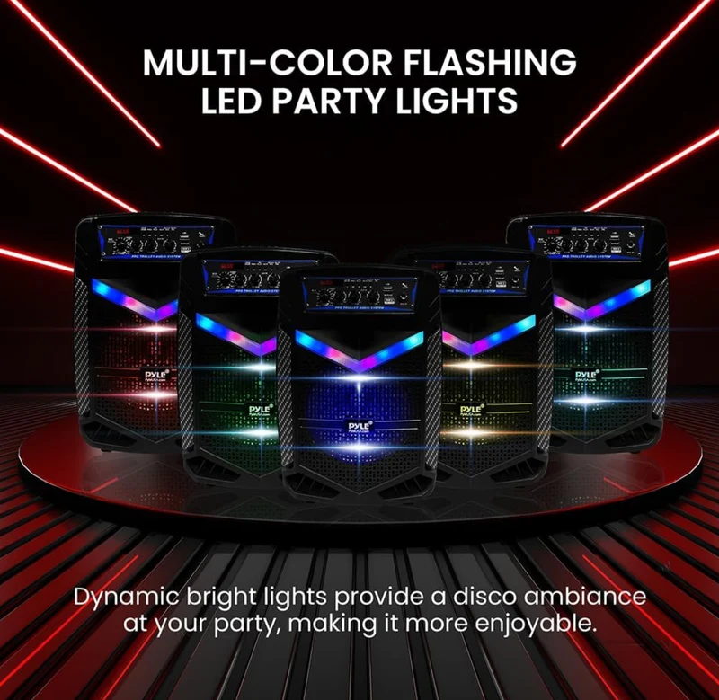 Portable Rechargeable Outdoor Bluetooth Speaker PA System 8” 400W Recording Function, Mic In, Party Lights USB/SD, Radio