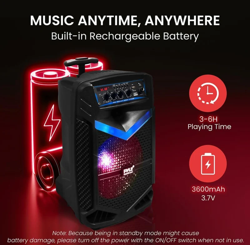 Portable Rechargeable Outdoor Bluetooth Speaker PA System 8” 400W Recording Function, Mic In, Party Lights USB/SD, Radio