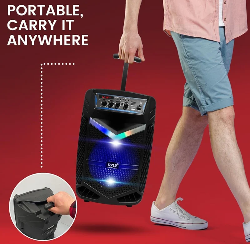 Portable Rechargeable Outdoor Bluetooth Speaker PA System 8” 400W Recording Function, Mic In, Party Lights USB/SD, Radio