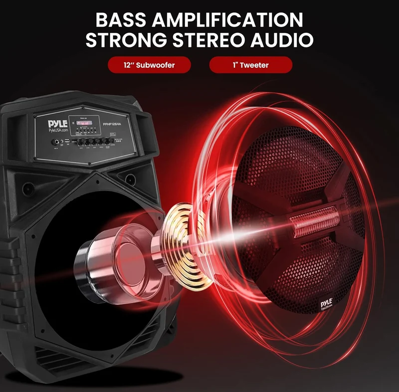 Portable Bluetooth Speaker System 12" 1000W w/ LED Lights, USB/Micro SD/FM/BT/Aux/Remote Control/Mic & Guitar Inputs, Built-in Rechargeable Battery w/ Wheels & Handle Bar