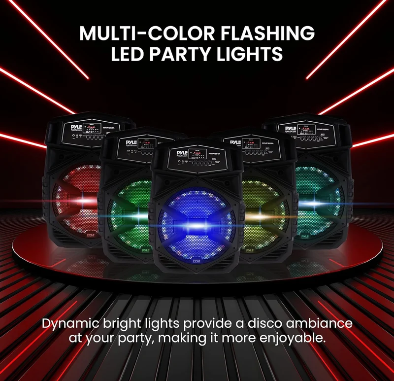Portable Bluetooth Speaker System 12" 1000W w/ LED Lights, USB/Micro SD/FM/BT/Aux/Remote Control/Mic & Guitar Inputs, Built-in Rechargeable Battery w/ Wheels & Handle Bar