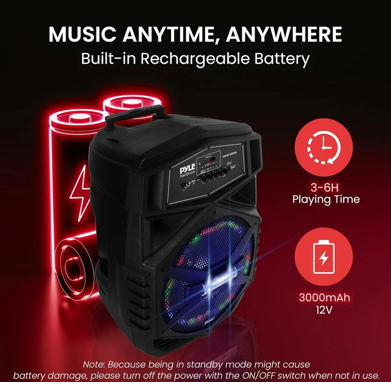 Portable Bluetooth Speaker System 12" 1000W w/ LED Lights, USB/Micro SD/FM/BT/Aux/Remote Control/Mic & Guitar Inputs, Built-in Rechargeable Battery w/ Wheels & Handle Bar