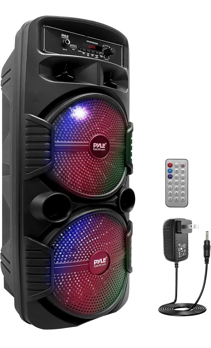 Portable Bluetooth PA Speaker System 8" 600W Rechargeable w/ Dual Subwoofer, Microphone In, Party Lights, USB, Radio, Remote