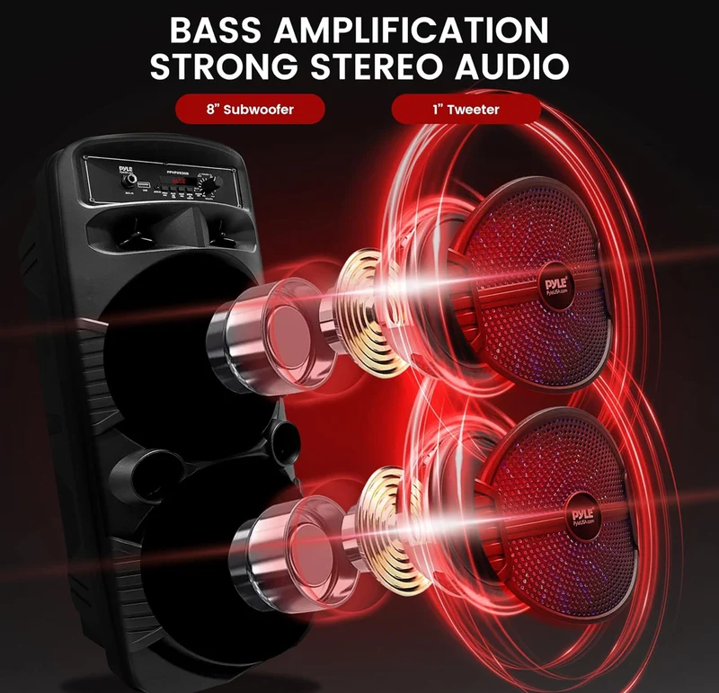 Portable Bluetooth PA Speaker System 8" 600W Rechargeable w/ Dual Subwoofer, Microphone In, Party Lights, USB, Radio, Remote
