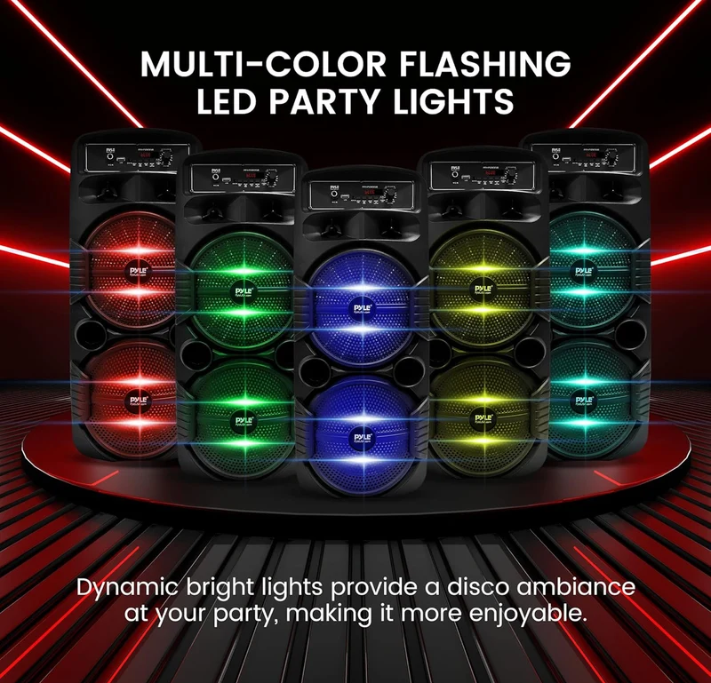 Portable Bluetooth PA Speaker System 8" 600W Rechargeable w/ Dual Subwoofer, Microphone In, Party Lights, USB, Radio, Remote