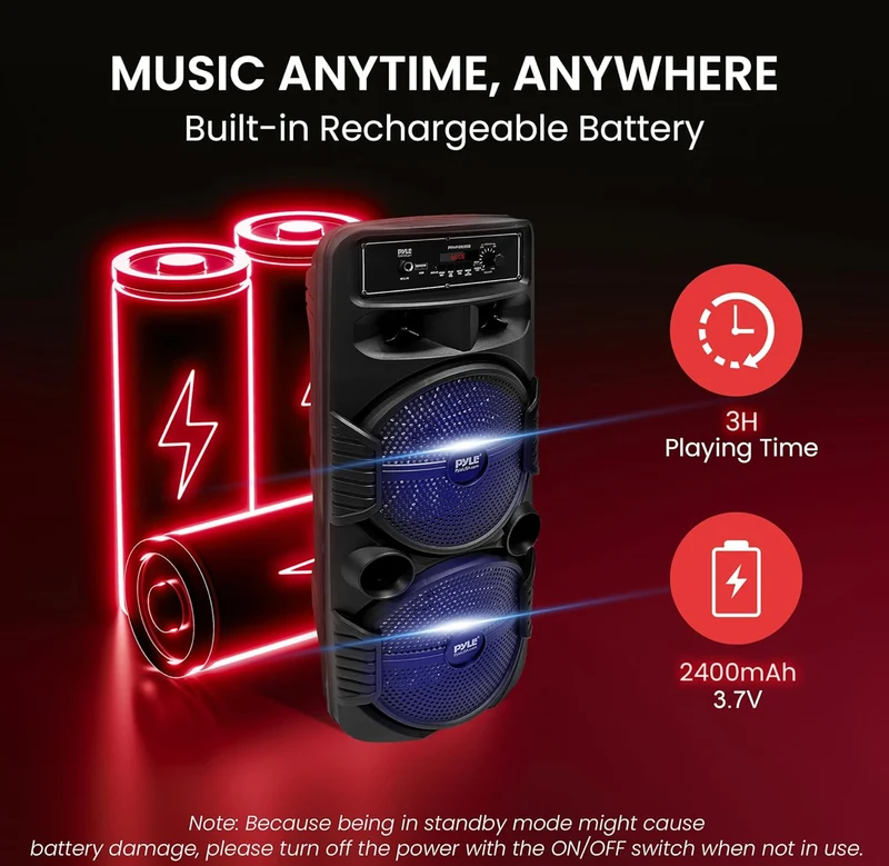 Portable Bluetooth PA Speaker System 8" 600W Rechargeable w/ Dual Subwoofer, Microphone In, Party Lights, USB, Radio, Remote