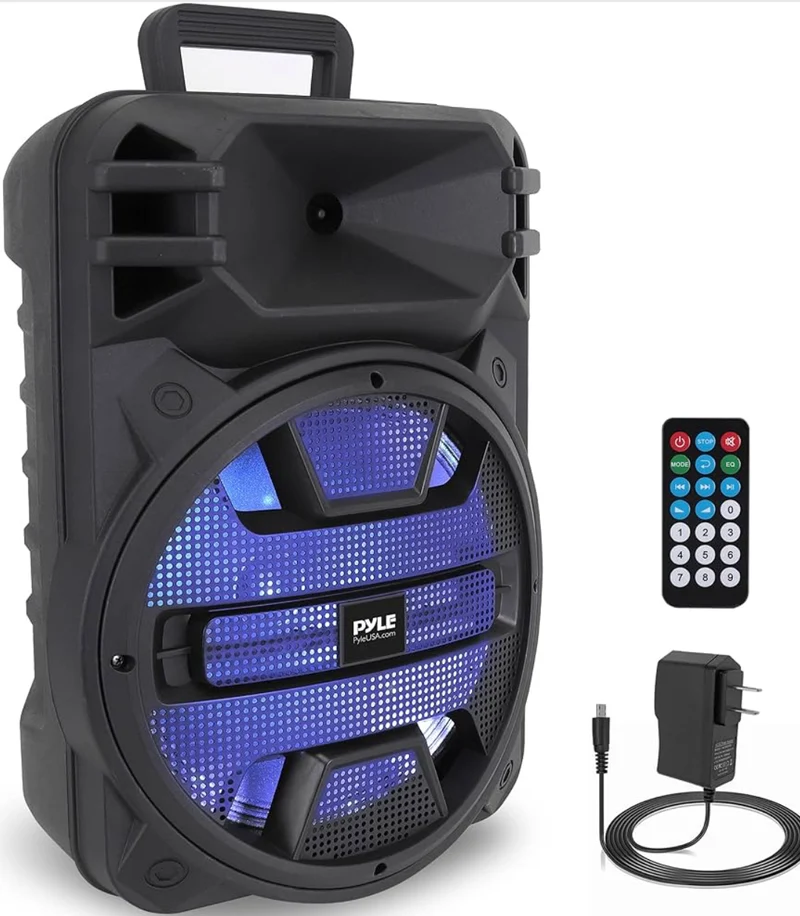 Portable Bluetooth Speaker System 12'' 800 Watts w/ Latest DJ LED Lights, USB/FM/BT/Aux/Remote Control/Mic Inputs & Built-in Rechargeable Battery