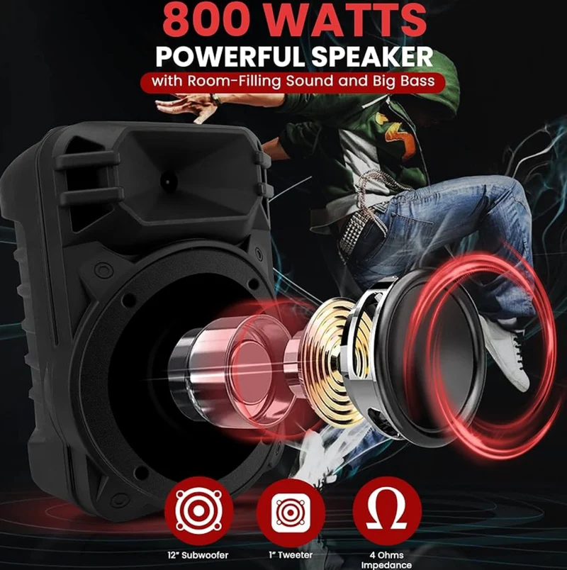 Portable Bluetooth Speaker System 12'' 800 Watts w/ Latest DJ LED Lights, USB/FM/BT/Aux/Remote Control/Mic Inputs & Built-in Rechargeable Battery