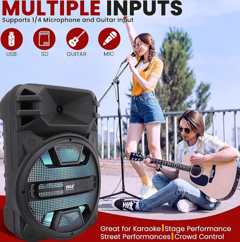 Portable Bluetooth Speaker System 12'' 800 Watts w/ Latest DJ LED Lights, USB/FM/BT/Aux/Remote Control/Mic Inputs & Built-in Rechargeable Battery