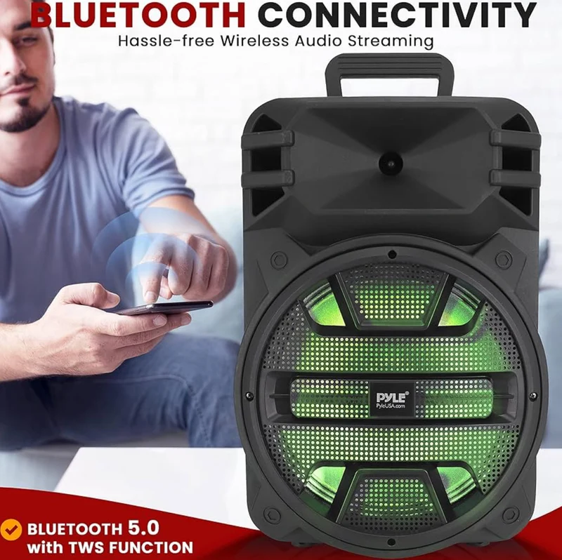 Portable Bluetooth Speaker System 12'' 800 Watts w/ Latest DJ LED Lights, USB/FM/BT/Aux/Remote Control/Mic Inputs & Built-in Rechargeable Battery