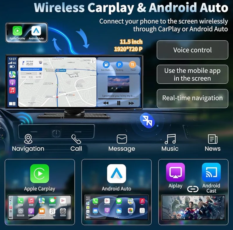 Wireless HD 11.5'' Carplay & Android Auto Car Stereo Touchscreen w/ 4K Dash Cam 1080P Backup Camera,Voice Control/GPS Navigation/Mirror Link/Bluetooth/AUX/FM