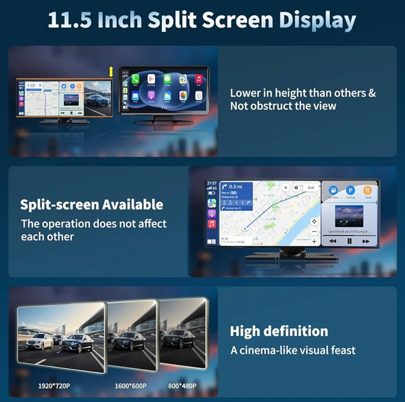 Wireless HD 11.5'' Carplay & Android Auto Car Stereo Touchscreen w/ 4K Dash Cam 1080P Backup Camera,Voice Control/GPS Navigation/Mirror Link/Bluetooth/AUX/FM