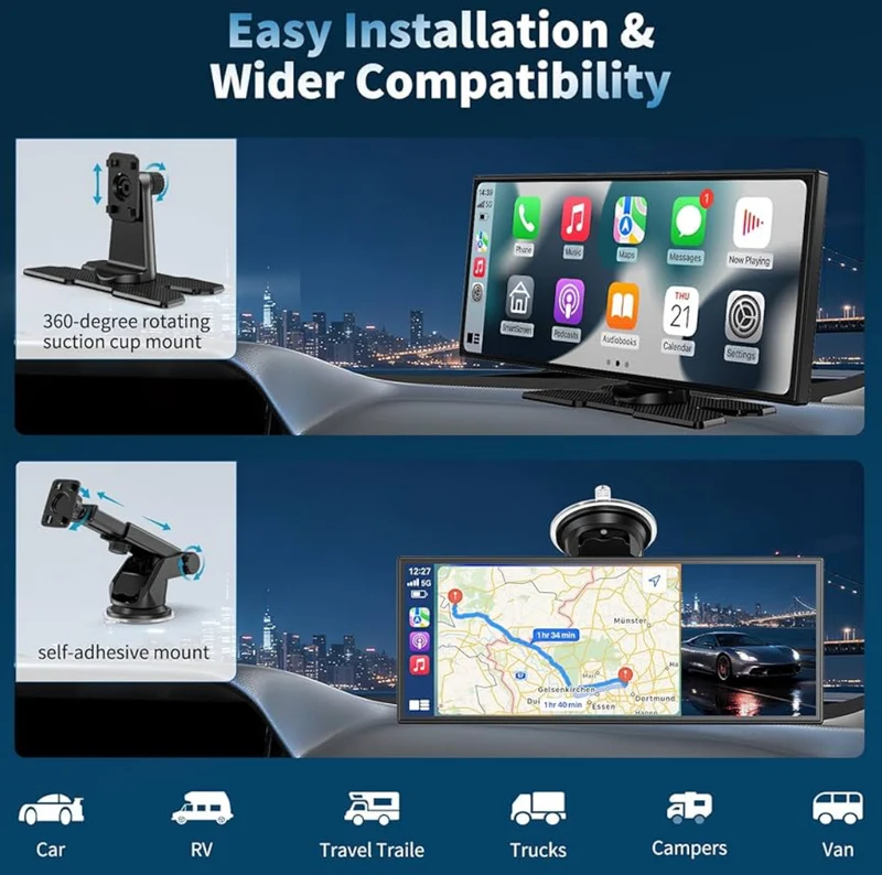 Wireless HD 11.5'' Carplay & Android Auto Car Stereo Touchscreen w/ 4K Dash Cam 1080P Backup Camera,Voice Control/GPS Navigation/Mirror Link/Bluetooth/AUX/FM