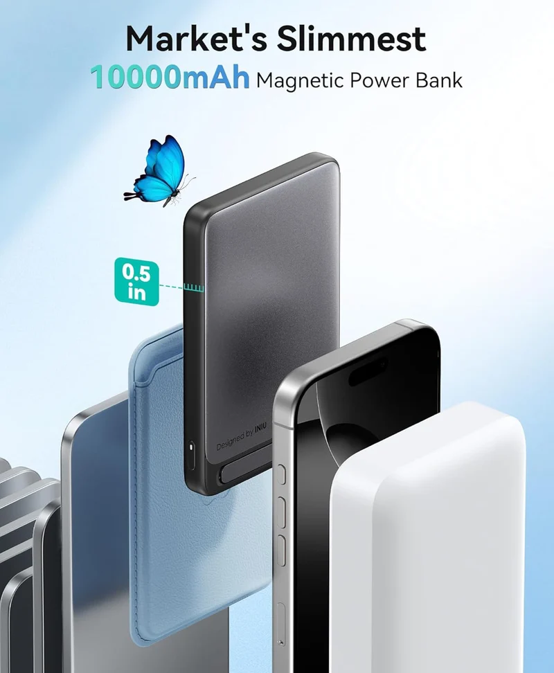 INIU Magnetic Portable Charger, Ultra Slim 10000mAh 45W Fast Charging Power Bank, Wireless Battery Pack with Foldable Stand - (White)