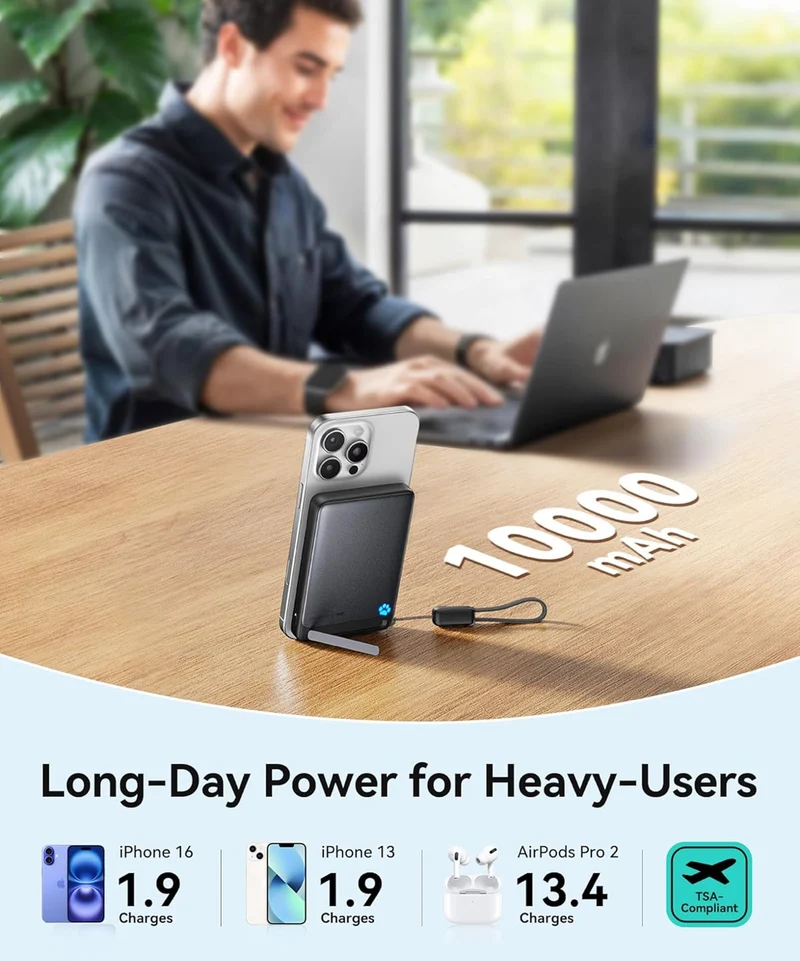 INIU Magnetic Portable Charger, Ultra Slim 10000mAh 45W Fast Charging Power Bank, Wireless Battery Pack with Foldable Stand - (Blue)