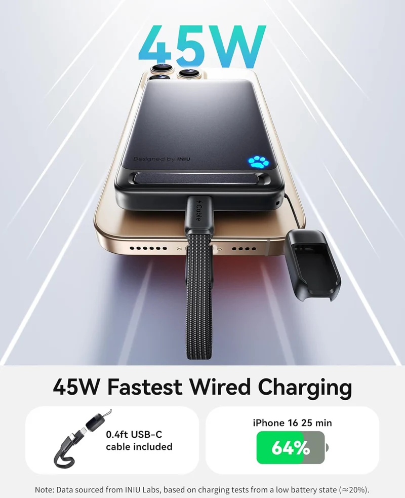 INIU for MagSafe Portable Charger Wireless Fast Charging, Slimmest 10000mAh 45W Power Bank with USB C Cable & Stand - (Black)