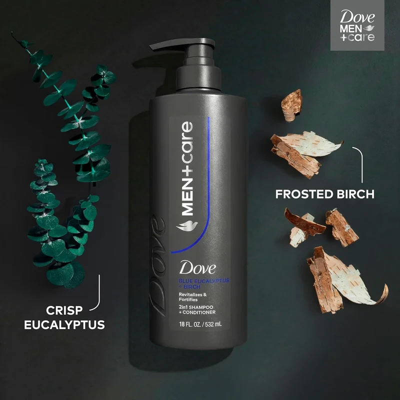 DOVE MEN + CARE Shampoo Eucalyptus & Birch for Real Hair that Powers Up Hair Strength, w/ Revitalizes & Fortifies, 18 fl oz (2 CT)