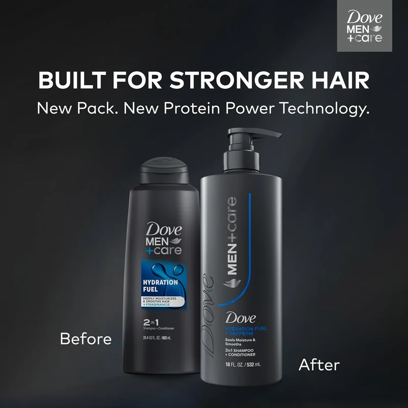 Dove Men+Care Shampoo Hydration Fuel to Seal Moisture & Smooth Hair, with Caffeine, 18 FL OZ (2 CT)