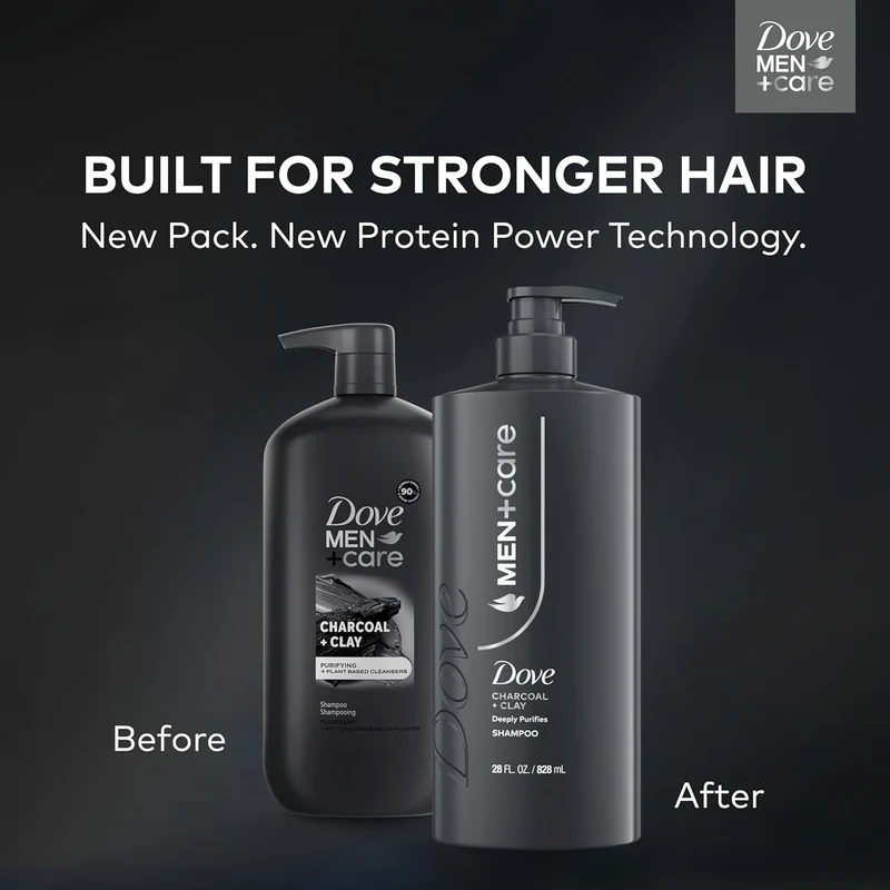 DOVE MEN + CARE Shampoo Charcoal + Clay for Real Hair that Powers Up Hair Strength, w/ Deep Purifying Benefits, 28 Fl oz. (2 CT)