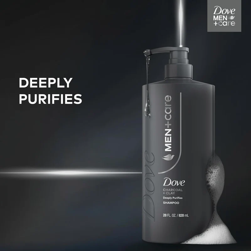 DOVE MEN + CARE Shampoo Charcoal + Clay for Real Hair that Powers Up Hair Strength, w/ Deep Purifying Benefits, 28 Fl oz. (2 CT)