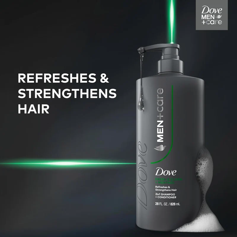 DOVE MEN + CARE Shampoo Fresh + Clean for Hair Refreshing & Strengthening, w/ Menthol, 28 fl oz. (2 CT)